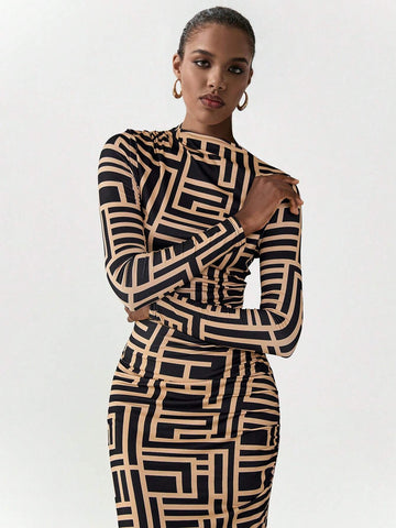 Luminelle Long Sleeve Allover Print Ruffled Fitted Split Hem Dress