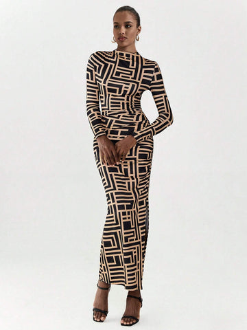 Luminelle Long Sleeve Allover Print Ruffled Fitted Split Hem Dress