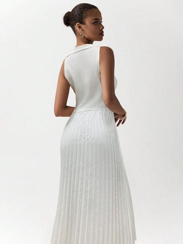 Luminelle Sleeveless Pleated White Elegant Dress