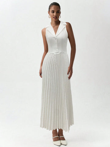 Luminelle Sleeveless Pleated White Elegant Dress