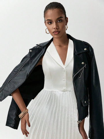 Luminelle Sleeveless Pleated White Elegant Dress
