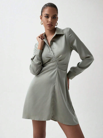 Luminelle V-Neck Elegant Pleated Waist Satin Maxi Dress
