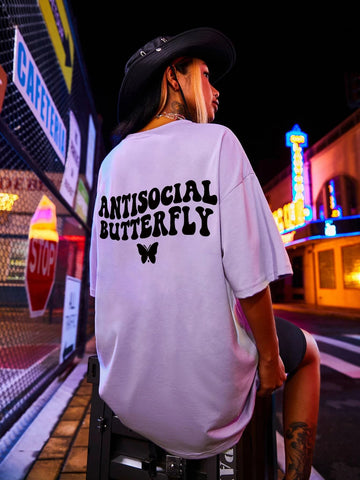 Butterfly & Letter Graphic Drop Shoulder Oversized Tee