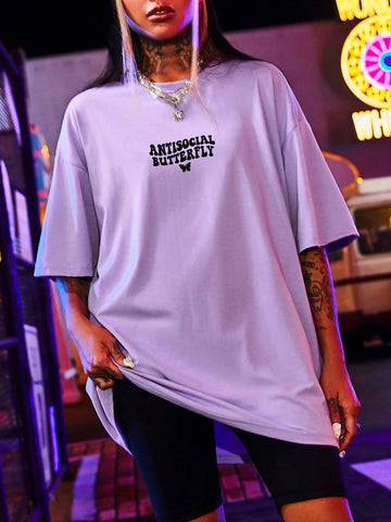 Butterfly & Letter Graphic Drop Shoulder Oversized Tee