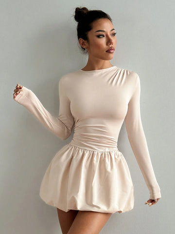 MOOSTA Women Elegant Flower Bud Hem Mini Dress, Autumn