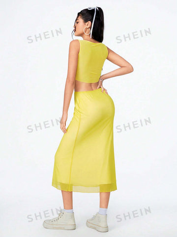 2pcs/Set Music Festival Pure Color Vest & Skirt Set