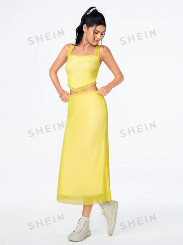 2pcs/Set Music Festival Pure Color Vest & Skirt Set