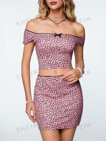 Leopard Print Bow-Knot Front Short Top And Skirt Two Piece Set