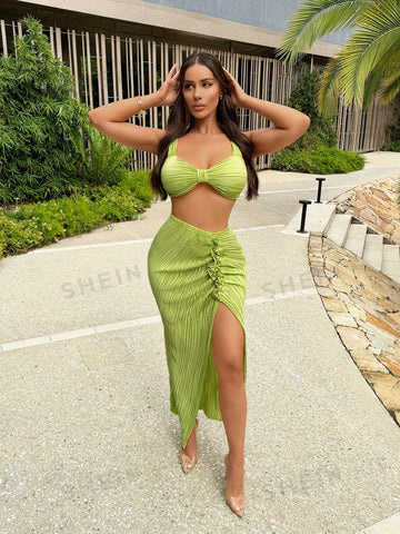 Resort Wear Beach Vacation Outfits Vacation Outfits Vacation Clothes For Women Summer Clothes For Women Beach Bohemian Style Summer Holiday Outfit, Crop Top And High Split Long Skirt Set