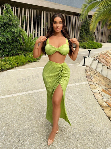 Resort Wear Beach Vacation Outfits Vacation Outfits Vacation Clothes For Women Summer Clothes For Women Beach Bohemian Style Summer Holiday Outfit, Crop Top And High Split Long Skirt Set