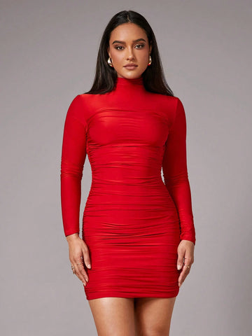 Sexy High Collar Red, Ankola Red, Elastic Knitted Fabric Short Bodycon Dress, Suitable For Cocktail Party, Romantic Date, Autumn/Winter, Suitable For Cocktail Party, Wedding, Bridesmaid Dress, Formal Party, Halloween, Christmas