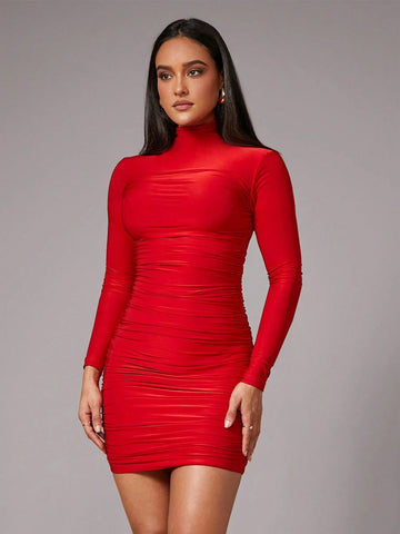 Sexy High Collar Red, Ankola Red, Elastic Knitted Fabric Short Bodycon Dress, Suitable For Cocktail Party, Romantic Date, Autumn/Winter, Suitable For Cocktail Party, Wedding, Bridesmaid Dress, Formal Party, Halloween, Christmas