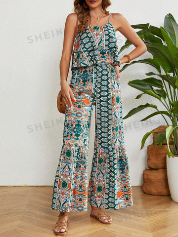 Printed Loose Fit Cami Top And Wide Leg Pants