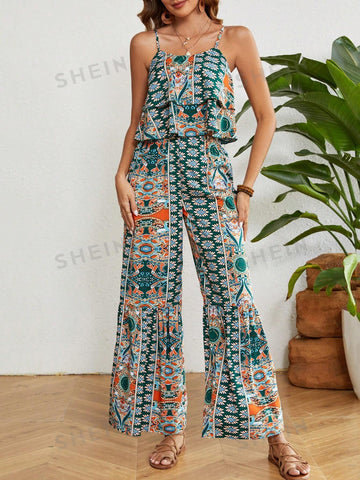 Printed Loose Fit Cami Top And Wide Leg Pants