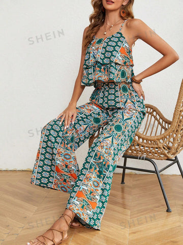 Printed Loose Fit Cami Top And Wide Leg Pants