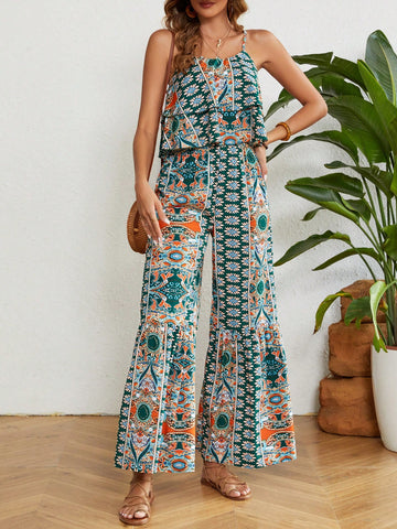 Printed Loose Fit Cami Top And Wide Leg Pants
