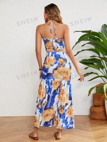 Tie-Dye Halter Top And Skirt Set