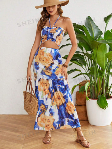 Tie-Dye Halter Top And Skirt Set