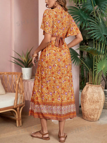 Women's Floral Print Cropped Ruffle Sleeve Shirt And Skirt 2pcs Set