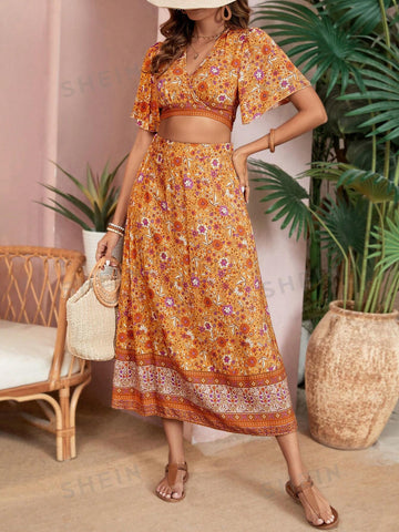 Women's Floral Print Cropped Ruffle Sleeve Shirt And Skirt 2pcs Set