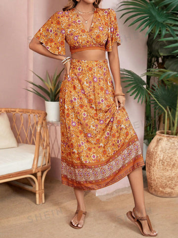 Women's Floral Print Cropped Ruffle Sleeve Shirt And Skirt 2pcs Set