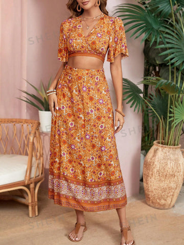Women's Floral Print Cropped Ruffle Sleeve Shirt And Skirt 2pcs Set