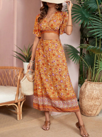 Women's Floral Print Cropped Ruffle Sleeve Shirt And Skirt 2pcs Set