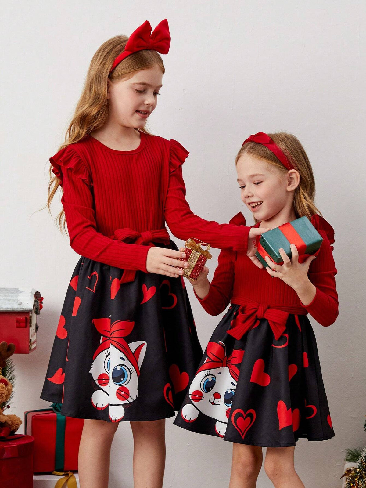 Young Girl Cute Pink Cat Heart Printed Cartoon Pattern Knit Patchwork School Style Dress