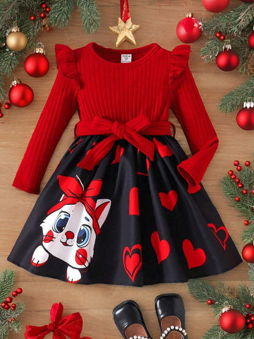 Young Girl Cute Pink Cat Heart Printed Cartoon Pattern Knit Patchwork School Style Dress