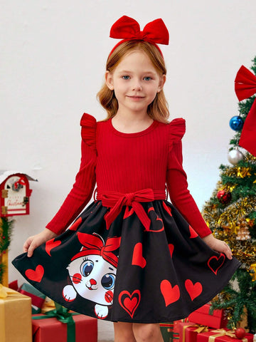 Young Girl Cute Pink Cat Heart Printed Cartoon Pattern Knit Patchwork School Style Dress