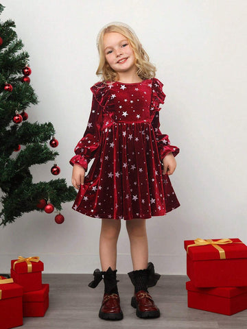 Young Girl Galaxy Print Bow Back Gigot Sleeve Velvet Dress,Christmas Dress