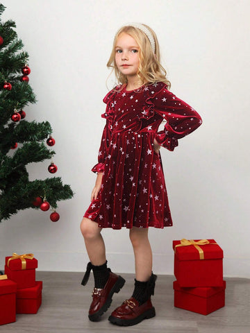 Young Girl Galaxy Print Bow Back Gigot Sleeve Velvet Dress,Christmas Dress