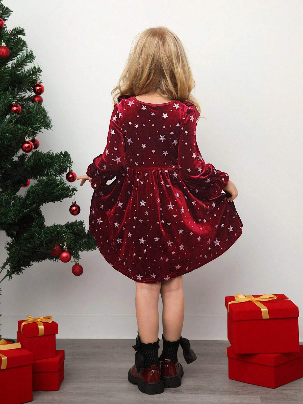 Young Girl Galaxy Print Bow Back Gigot Sleeve Velvet Dress,Christmas Dress