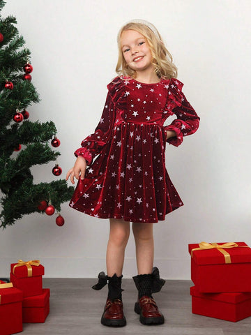 Young Girl Galaxy Print Bow Back Gigot Sleeve Velvet Dress,Christmas Dress