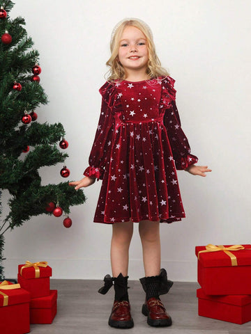 Young Girl Galaxy Print Bow Back Gigot Sleeve Velvet Dress,Christmas Dress