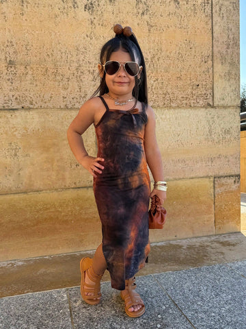 Young Girl Casual Streetwear Tight Tie-Dye Side Slit Printed Long Dress