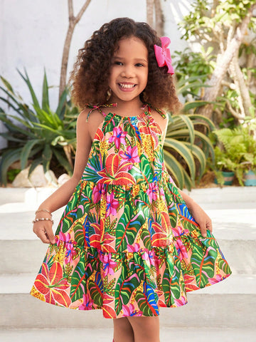 Young Girl Sleeveless Woven Ditsy Floral Slip Dress,Vacation,Young Girls Summer Dress