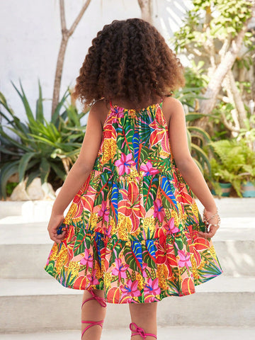 Young Girl Sleeveless Woven Ditsy Floral Slip Dress,Vacation,Young Girls Summer Dress