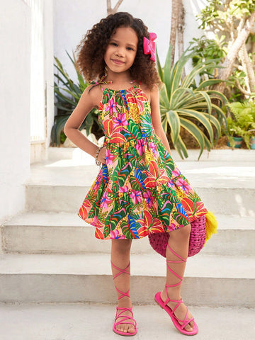 Young Girl Sleeveless Woven Ditsy Floral Slip Dress,Vacation,Young Girls Summer Dress