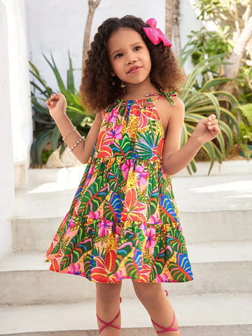 Young Girl Sleeveless Woven Ditsy Floral Slip Dress,Vacation,Young Girls Summer Dress