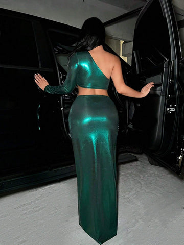 2pcs Women Sexy Green One Shoulder High Slit Outfit, New Year