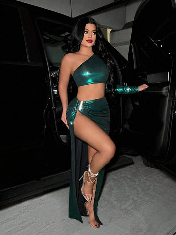 2pcs Women Sexy Green One Shoulder High Slit Outfit, New Year
