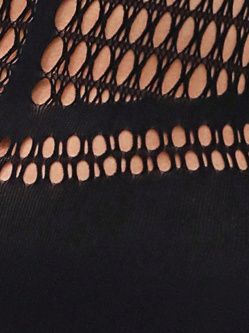 1pc Fashionable Hollow Out Mesh Bodysuit Shorts