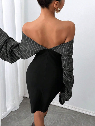 1pc Off-Shoulder Striped Bandeau Mini Dress, Autumn/Winter