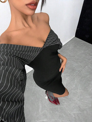 1pc Off-Shoulder Striped Bandeau Mini Dress, Autumn/Winter