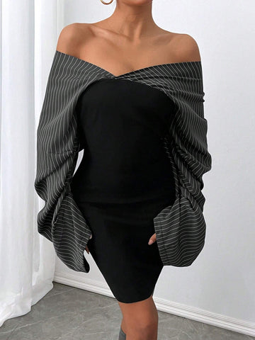 1pc Off-Shoulder Striped Bandeau Mini Dress, Autumn/Winter