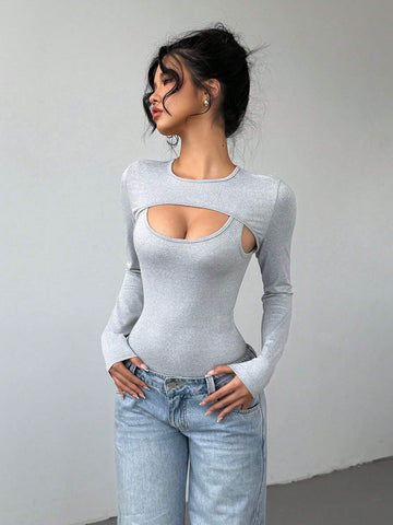 1pc Sexy Hollow-Out Front Skinny Gray Romper For Women