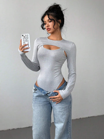 1pc Sexy Hollow-Out Front Skinny Gray Romper For Women