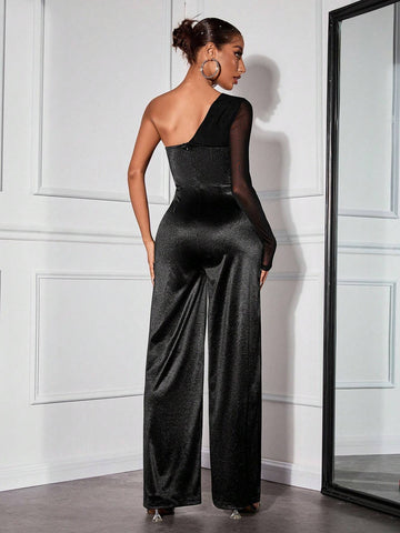 1pc Sexy Mesh Patchwork Asymmetric Sleeve Formal Jumpsuit For Women