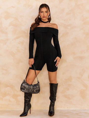1pc Solid Color Off-Shoulder Romper Shorts, For Spring & Autumn